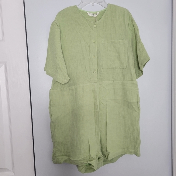 SOLD - NWT Commense Green Cotton Relaxed Fit Tied Waist Short-Sleeve Romper - Picture 4 of 7